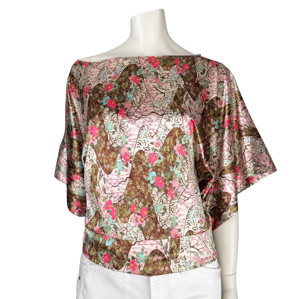 Antistar Vintage Y2K Kimono Top Floral Satin Dolman‎ Sleeve Asian Fairycore S/M